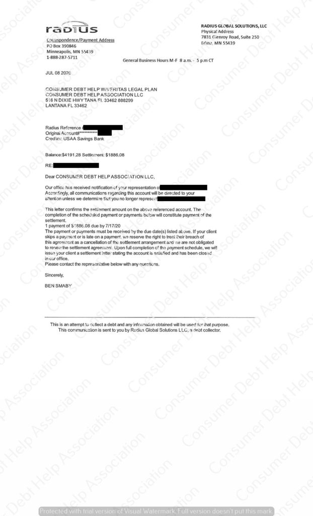 Settlement Letter from USAA – Consumer DEBT HELP ASSOCIATION