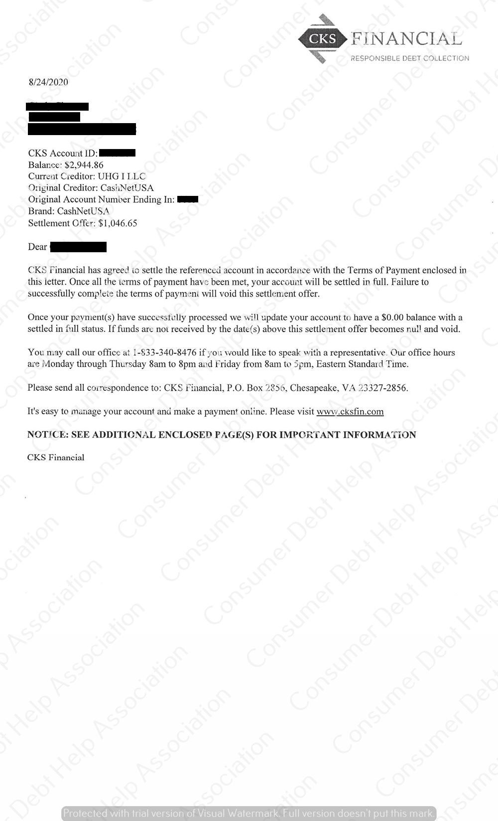 Settlement Letter from CashNet USA – Consumer DEBT HELP ASSOCIATION