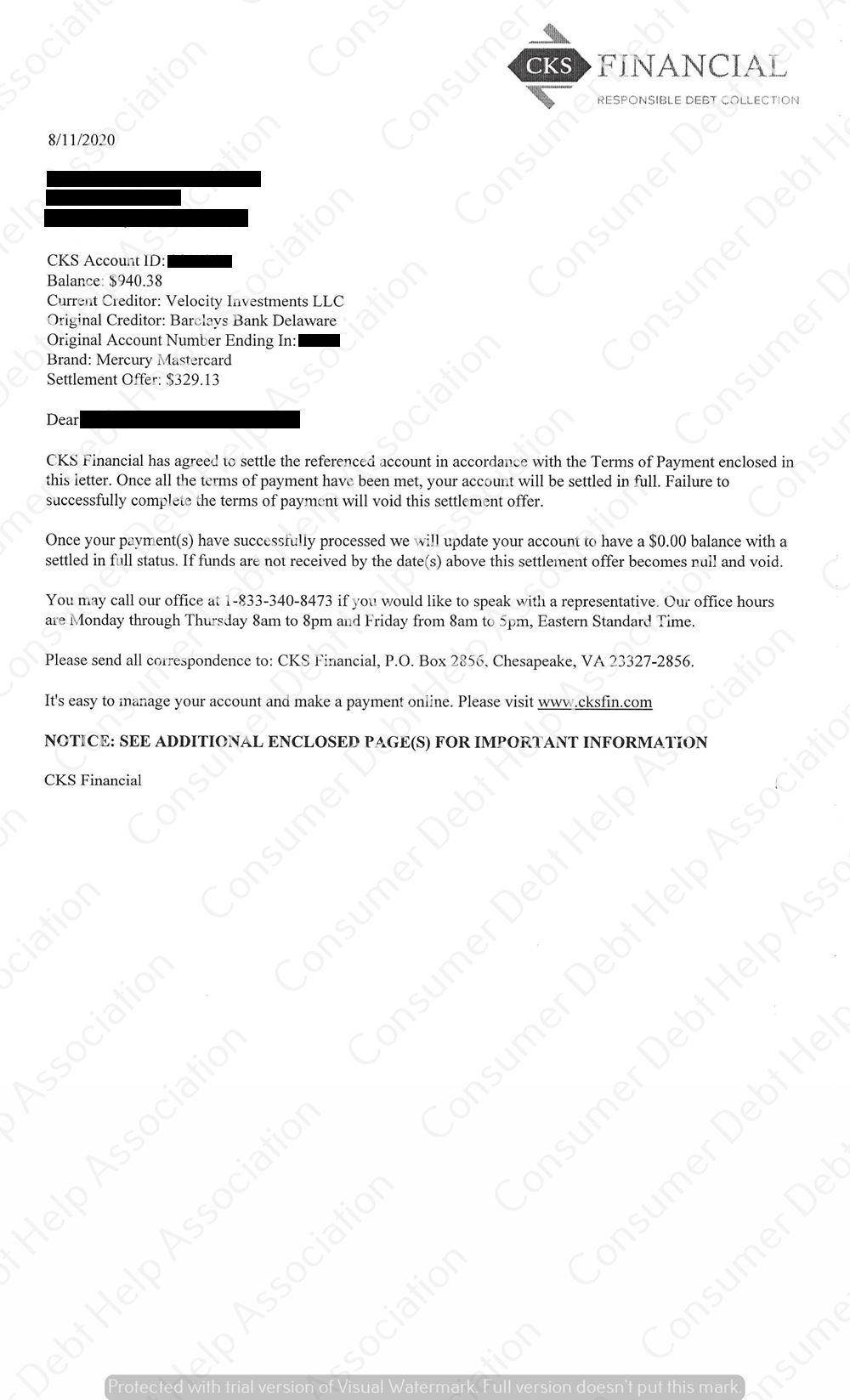 Settlement Letter from Mercury (Old Barclays Bank) Consumer DEBT HELP