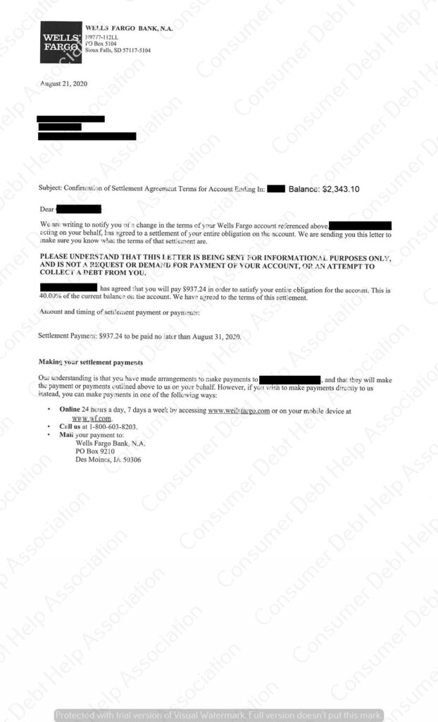 Settlement Letter from Wells Fargo – Consumer DEBT HELP ASSOCIATION