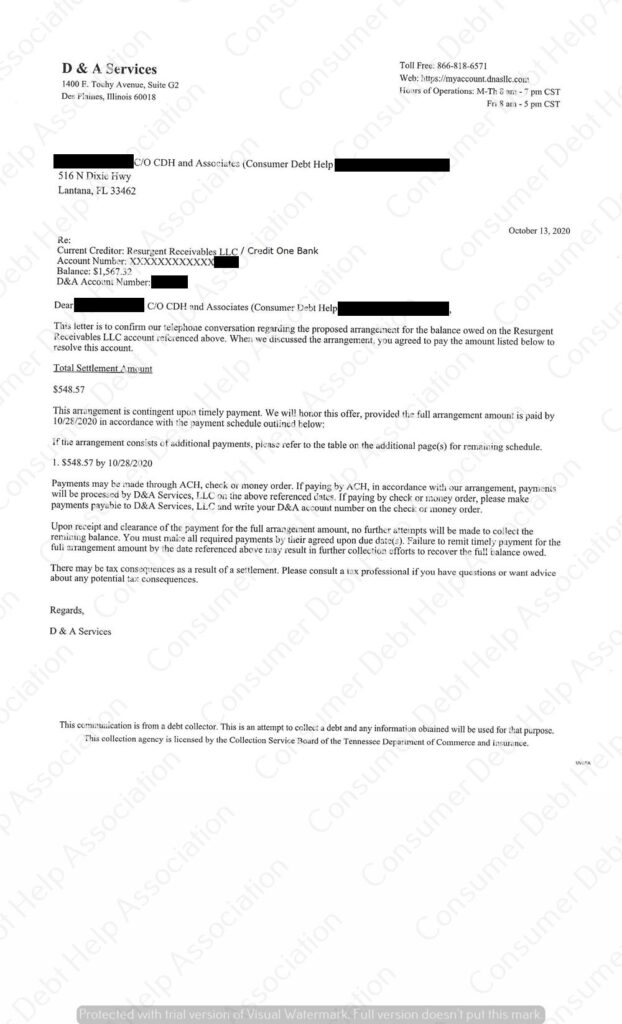 Settlement Letter from Credit One – Consumer DEBT HELP ASSOCIATION