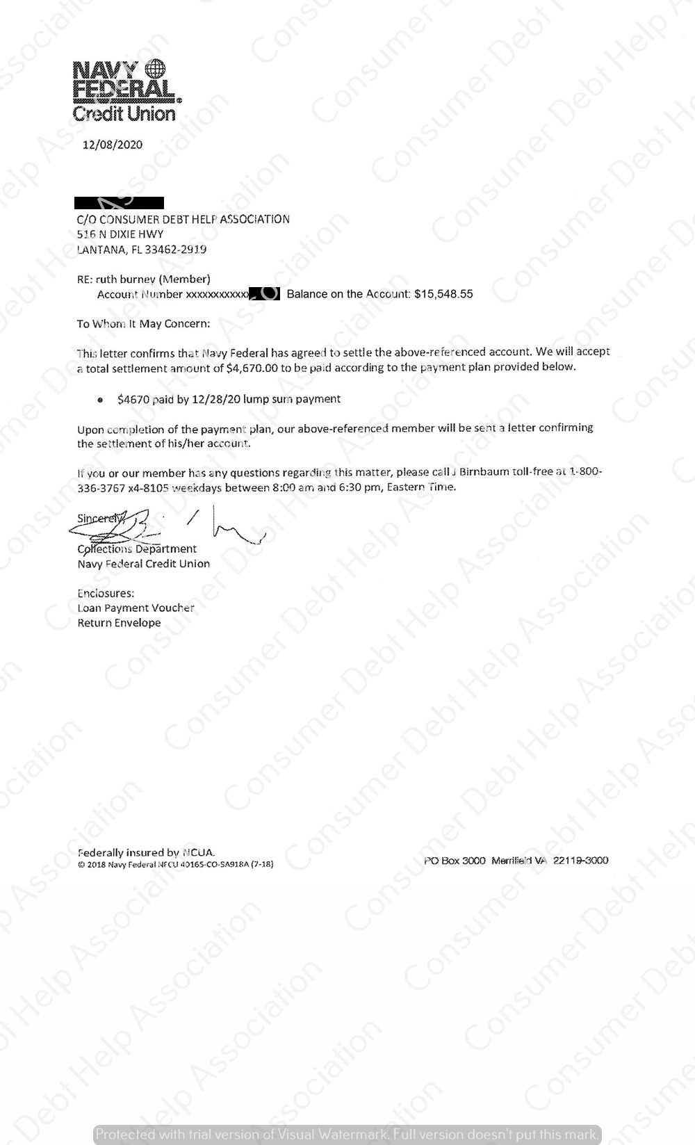 Settlement Letter from Navy Federal Credit Union Consumer DEBT HELP