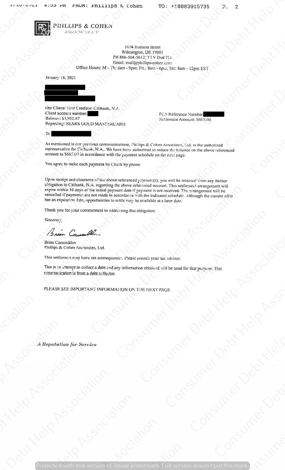 Settlement Letter from Sears/Citibank Consumer DEBT HELP ASSOCIATION