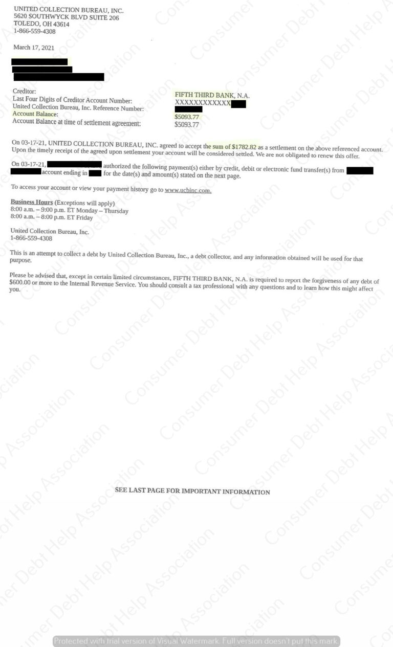 Settlement Letter from Fifth Third Bank – Consumer DEBT HELP ASSOCIATION