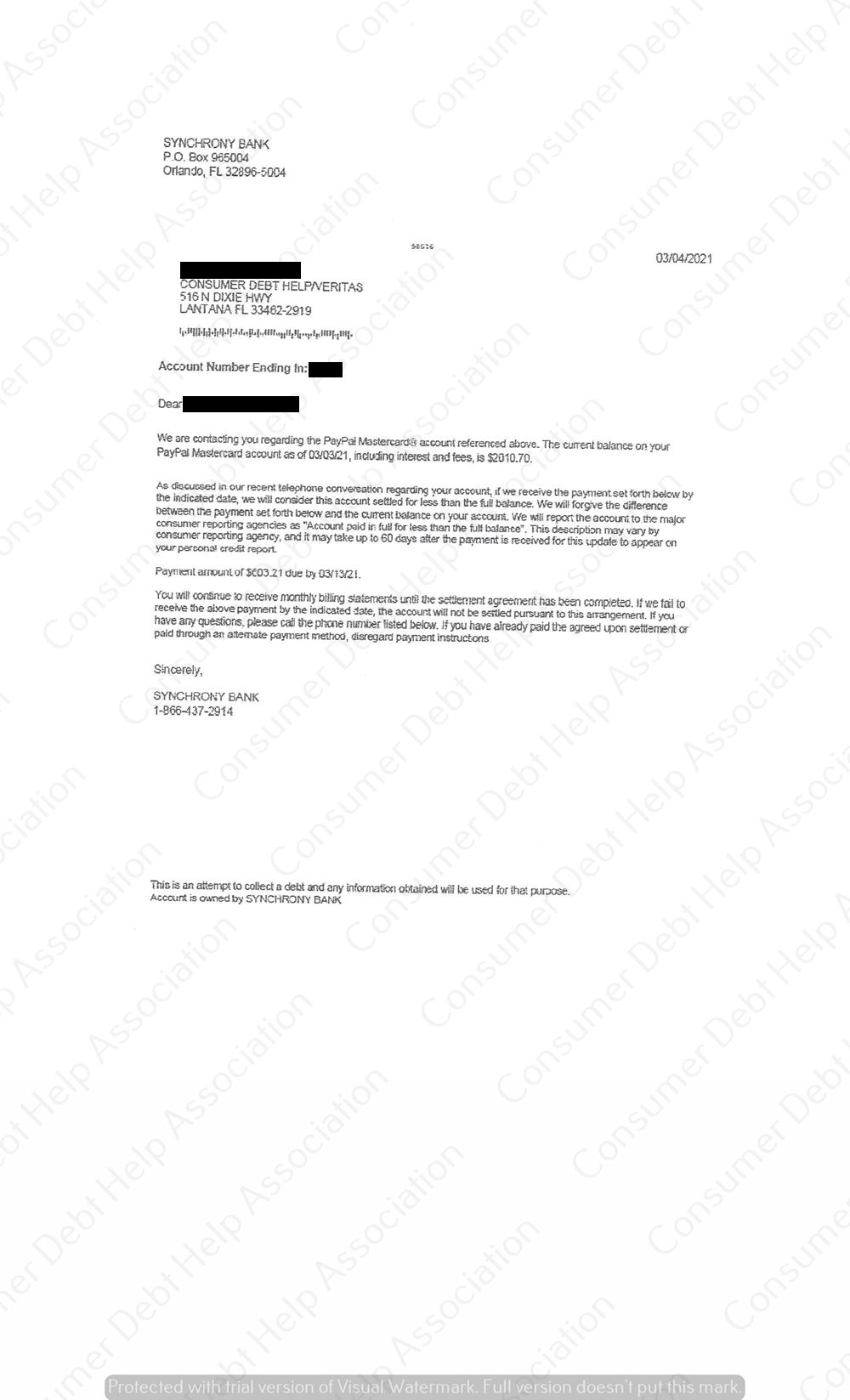 Settlement Letter From Paypal Synchrony Bank – Consumer Debt Help 