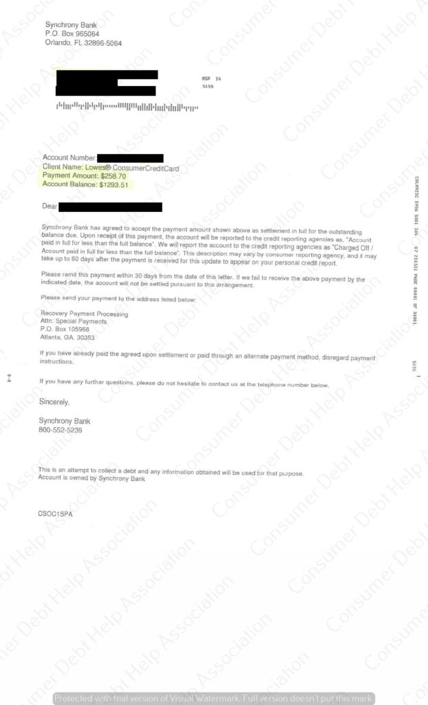 Settlement Letter from Lowe’s/Synchrony Bank – Consumer DEBT HELP ...