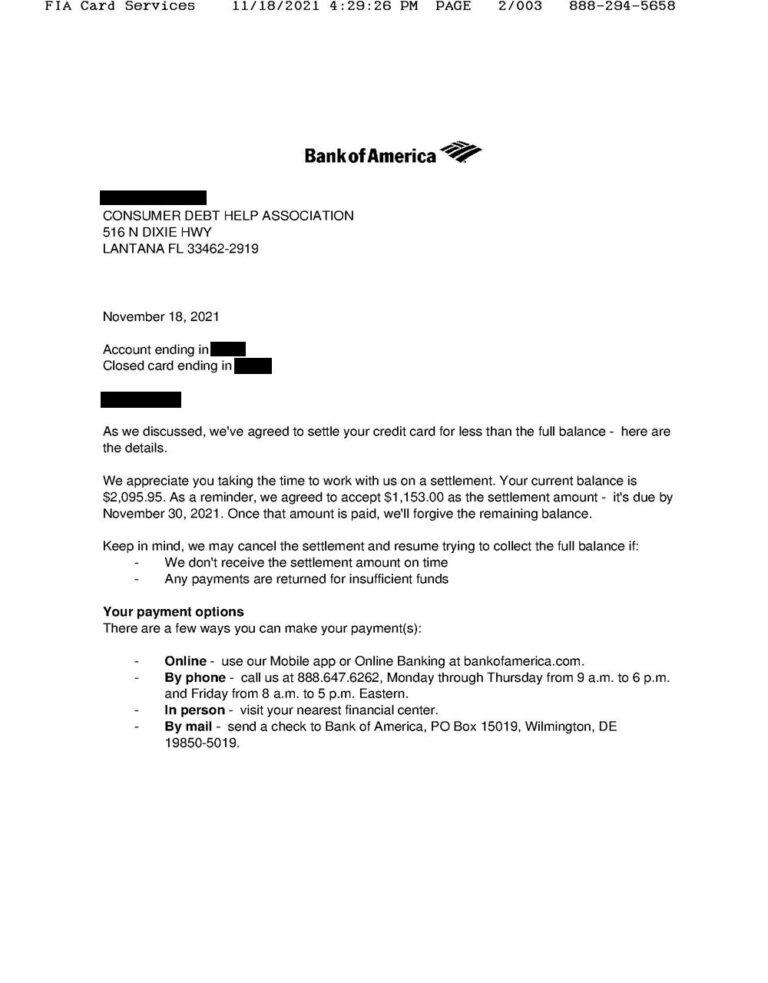 Settlement Letter from Bank of America Consumer DEBT HELP ASSOCIATION