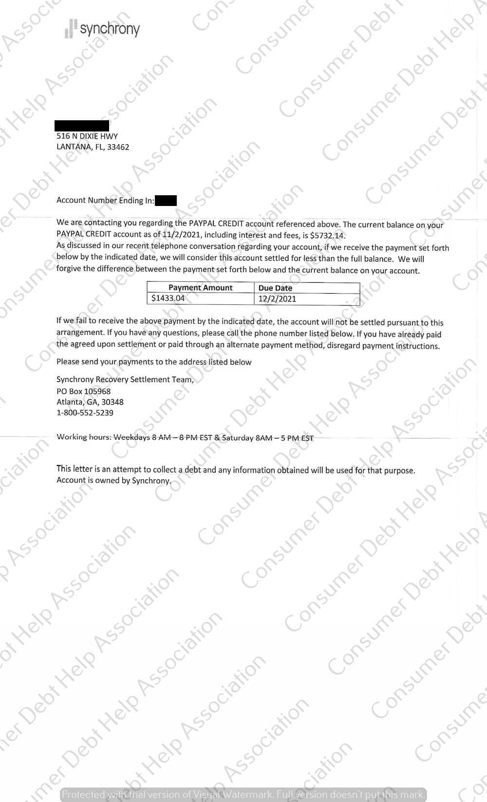 Settlement Letter From PayPal Synchrony Bank Consumer DEBT HELP 